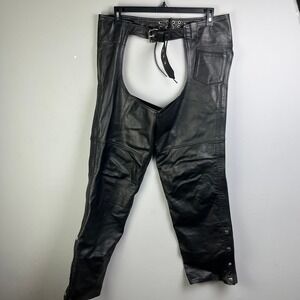Unbranded Black Leather Biker Chaps Mens Medium Side Zip Snap Closure Motorcycle